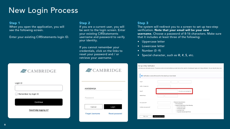Screen shots of new login process